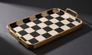 Plateau de service rectangulaire en émail à motif damier avec finition dorée, idéal pour table basse, hôtel et restaurant (vente en gros) - Product Image 5