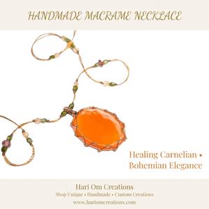 Handmade Orange Carnelian Macrame Pendant Necklace Faceted Bright Orange Stone Boho Healing Jewelry - Product Image 5