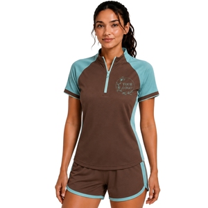 Conjunto Deportivo de Camiseta y Pantalones Cortos para Mujer, Color Marrón y Aqua, con Cierre de Media Cremallera, de Secado Rápido, Manga Corta, para Fitness, Gimnasio, Running, Personalizable - Product Image 1