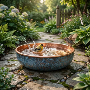 Bol à eau rond en cuivre pour oiseaux, finition verdigris, bassin d'eau extérieur pour jardin, durable, toutes saisons, mangeoire décorative pour oiseaux, patio, cour - Product Image 2