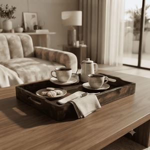 Plateau de service en bois artisanal, grand plateau rectangulaire pour café, thé, petit-déjeuner, nourriture, avec poignées, pour la maison, le restaurant, l'hôtel, la table - Product Image 4