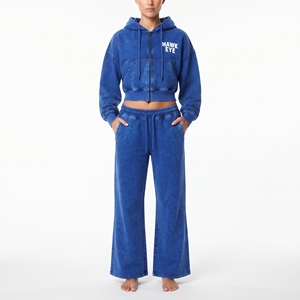 Conjunto de sudadera corta de algodón con forro polar y pantalones jogger de pierna ancha para mujer, sudadera de manga larga con hombros caídos y lavado ácido, ropa casual de dos piezas - Product Image 4