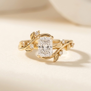 1 Ct Radiant Cut Solitaire Ring Nature Inspired <b>Botanical</b> Leaf Engagement Ring <b>Lab</b> Grown Diamond 14K Yellow Gold Diamond Ring - Product Image 1