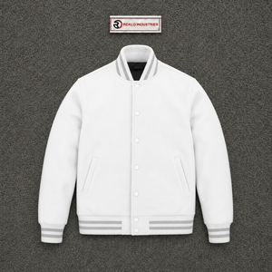 Chaqueta universitaria premium de lana blanca para hombre, chaqueta de béisbol personalizada con letras, cuello, puños y dobladillo acanalados con rayas grises, estilo clásico. - Product Image 5