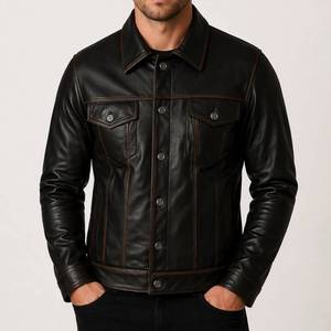 Aaron Men's Black Distressed Vintage Genuine Leather Winter Streetwear Trucker <b>Racer</b> <b>Jacket</b> - Trucker <b>Racer</b> <b>Jacket</b> Vintage - Product Image 2