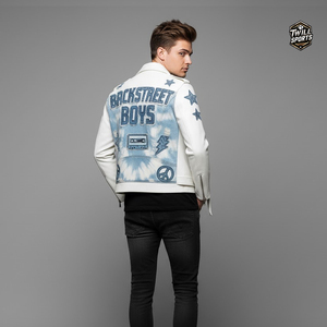 Blouson de motard rétro en cuir de vachette matelassé, style pop des années 90, avec patchwork en jean vintage, vêtement de fan personnalisé pour concert de groupe - Product Image 5