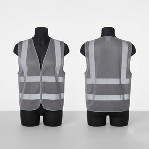 Premium Quality Hi Visibility Polyester Mesh Work Vest 120 GSM Gray Safety <b>Waistcoat</b> Silver Reflective Tape Front Zipper Custom - Product Image 1