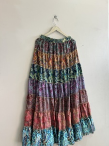 Vintage Gypsy Boho Patchwork Silk Flared Floor-Length <b>Skirt</b> <b>Elastic</b> Waist Handmade Digital Print Eco-Friendly Comfortable - Product Image 4
