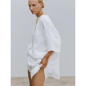 Vestido Túnica de Verano para Mujer, Holgado, de Algodón Blanco, Largo hasta el Suelo, Ecológico, Casual, de Manga Corta - Product Image 5