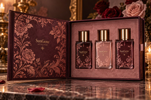 Boîte de découverte de parfum personnalisée en velours rose, style livre à charnières - Product Image 1