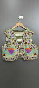 Chaleco sin mangas bordado floral morado, forrado de algodón, estilo bohemio, informal, para mujer, ropa de abrigo transpirable para otoño - Product Image 1