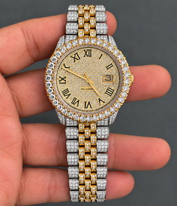 Reloj Raj Gems con Incrustaciones de Moissanita, Bisel Chapado en Oro, Esfera Redonda, Correa de Acero Inoxidable, Estilo Hip Hop Unisex - Product Image 3