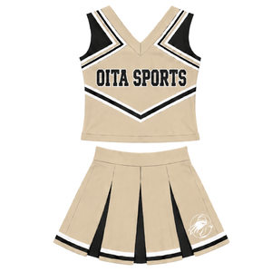 Ensemble d'uniforme de cheerleading beige, noir et blanc, avec crop top sans manches à col en V et jupe plissée, pour spectacle de danse et équipe de cheerleading - Product Image 1