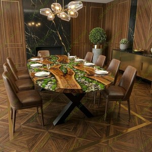 TIMELESS CRAFT Riverstone <b>Moss</b> Handmade <b>Live</b> Edge Wood Modern Customized Shape Dining Table Indoor Luxury Nature Inspired - Product Image 4