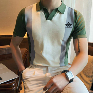 Custom Men's Green Striped for <b>Shirt</b> Short Sleeve Knitted Cotton Breathable Embroidered Front Logo Regular Fit Team Sports - Product Image 2