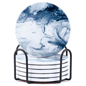 Handmade Blue Marble Pattern Round <b>Coaster</b> Set with Black Metal Holder Decorative <b>Drink</b> <b>Coasters</b> for Coffee Table Kitchen - Product Image 1