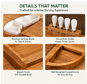 Ensemble de planches à charcuterie modernes en bois d'acacia de qualité supérieure, plateau de service pour fromages et apéritifs, bols en céramique, ensemble de couteaux, vente en gros OEM - Product Image 4