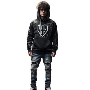 Sweats à capuche surdimensionnés personnalisés pour hommes 500gsm coton lourd Streetwear broderie strass goujons 100% coton Streetwear pour hommes - Product Image 1