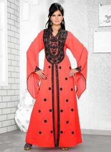 AWAIS HOUSE Women's Coral <b>Chiffon</b> Polyester Floor-Length A-Line Kaftan Evening/Formal V-Neck Long Sleeve Embroidered Natural - Product Image 2
