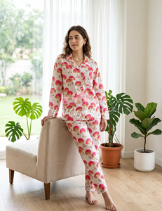 Handmade Summer Mushroom Print Cotton Pajama Set for Women Breathable Quick-Dry Luxury Block Printed Long Sleeve Button-<b>Down</b> - Product Image 3