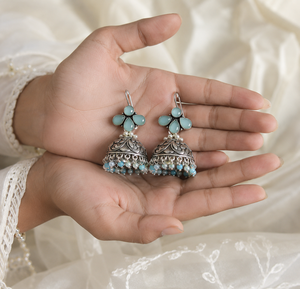 Wholesale Vintage Classic Oxidized <b>Silver</b> Indian Jhumka Drop <b>Earring</b> Sapphire Chalcedony Boho Jewelry Women Direct Factory - Product Image 4