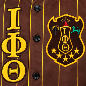 T-shirts de baseball Iota Phi Theta marron doré pour hommes, à manches courtes, boutonnés sur le devant, avec motif rayé et lettres, légers - Product Image 6