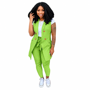 2026 Fall Office Casual Two-Piece Pants <b>Set</b> for Women Daily Wear Striped Print Sleeveless <b>Blazer</b> Button Decoration Worsted - Product Image 2