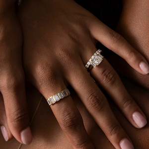 14K Solid Gold Emerald & Baguette Cut Lab Grown Diamond Three <b>Stone</b> Engagement Ring IGI Certified Unisex Luxury Trilogy Ring - Product Image 2