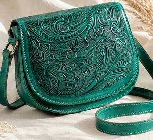 Sac bandoulière léger en cuir repoussé turquoise style bohème 2026 pour femme, motif floral occidental sculpté, sac à l'épaule vintage - Product Image 4