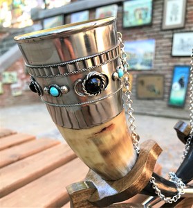 Viking Horn Beer <b>Mugs</b> With Wooden Stand And Decorative Sword Holder Floral Pattern Gold Plated Vintage Style For Party Adult Use - Product Image 6