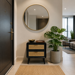 Table de chevet moderne en teck noir avec tressage en rotin, 2 tiroirs de rangement, mobilier de chambre au design mid-century, vente en gros - Product Image 3
