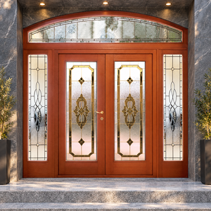 Puerta de madera residencial personalizada de doble entrada con paneles de vidrio tintado y travesaño arqueado para uso exterior GA-52 - Product Image 1