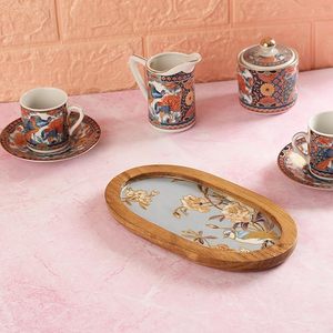 Plateau décoratif contemporain artisanal en bois, plateau de service ovale, motif floral, décoration de table à thé pour la maison et les fêtes - Product Image 1
