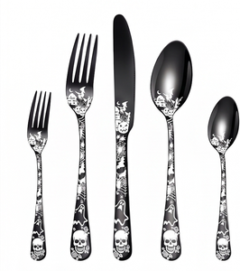 Halloween Themed <b>Black</b> Metal Flatware <b>Set</b> With Skull And Ghost Design Dishwasher Safe Party <b>Cutlery</b> 5 Piece For Party Use - Product Image 4