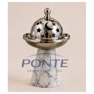Natural White Marble Incense Burner Premium Metal Cover Star Moon Carved Arab Bakhoor Mubkhar For Ramadan Home <b>Decoration</b> - Product Image 1