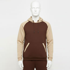 Sweat à capuche décontracté en polaire pour homme, marron beige, avec blocs de couleur contrastés et manches raglan - Product Image 1