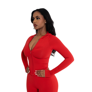 Combinaison moulante rouge à capuche pour femme, manches longues, taille haute, fermeture éclair, effet ventre plat, tenue de club, couleur unie, longueur intégrale - Product Image 2