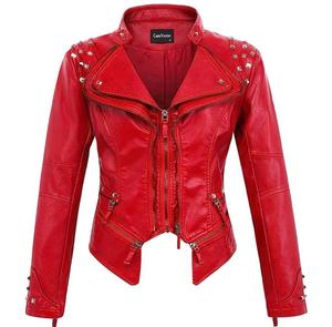 Veste de moto en cuir véritable Chouyatou, col montant, fermeture éclair, décoration à rivets, coupe ajustée, longueur standard, devant - Product Image 2