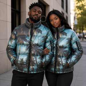 Heritage Masonic Regalia Custom Logo Quilted Puffer Jacket Winter Stand Collar Full Sleeve Printed Palm <b>Tree</b> Pattern Unisex Coat - Product Image 2