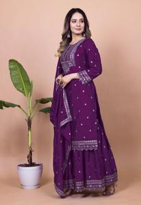 Beautiful Chinon Silk <b>Sequin</b> Frock Style Kurti <b>Flared</b> Sharara Long Embroidered Stole Combo Three Piece Indian Outfit - Product Image 6