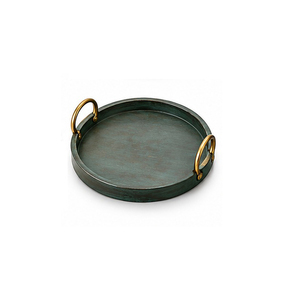 Plateau de rangement rond en métal avec poignées en laiton, finition huilée, design industriel, utilisation sur table, à un seul niveau - Product Image 1