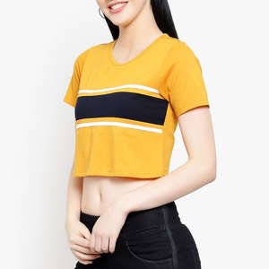 Women's Yellow <b>Crop</b> <b>Top</b> Short Sleeve Crew Neck Striped Casual T-Shirt 100% Cotton Jersey Breathable Spring Summer Wear - Product Image 2