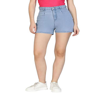 Nouveauté : Short en jean uni pour femme, taille haute, mini-short, effet ventre plat, avec revers en jean, idéal pour l'été - Product Image 1