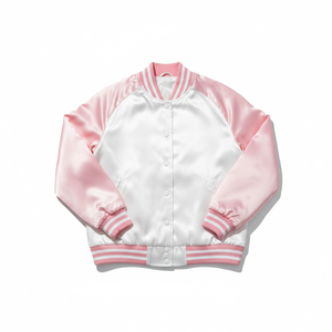 Veste de sport en satin personnalisée pour femmes |   Blouson bomber rose et blanc à manches raglan de haute qualité |   Veste Letterman slim fit pour la danse - Product Image 1