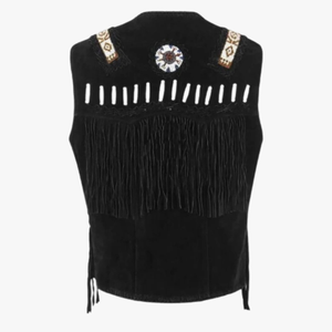 Gilet de motard noir pour homme avec franges, broderies et pompons, col en V, simple boutonnage, style moto, vêtement d'extérieur pour l'automne - Product Image 5