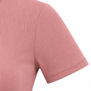 T-shirt décontracté pour femme en mélange de coton côtelé, coupe ajustée, col rond, manches courtes, couleur rose poudré - Product Image 6