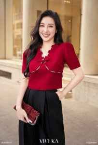 Plain Dyed Women's V-Neck Bow Detail Crop Blouse THETIS Vietnam VIVI KA Casual Spandex / Polyester <b>Balloon</b> Sleeve - Product Image 6