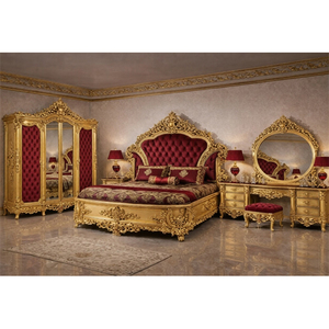 ชุดเฟอร์นิเจอร์ห้องนอนดีไซน์หรูหราสีทองพร้อมลวดลายแกะสลัก  ชุดห้องนอนหรูหราแบบพระราชวังพร้อมที่เก็บของ  ผลิตในสหรัฐอเมริกา - Product Image 1