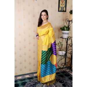<b>Yellow</b> Soft Silk Banarasi <b>Saree</b> with Multicolor Pallu Zari Woven Blouse for Women - Product Image 2
