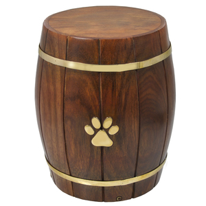 Handcrafted Wooden Pet Cremation Urn Barrel Shape Brass Paw Print <b>Keepsake</b> Ashes <b>Box</b> for Dog Cat <b>Memorial</b> Supplies Wholesale Urn - Product Image 1